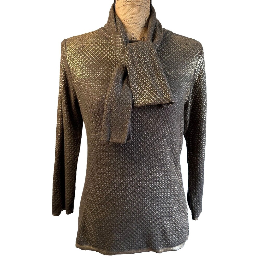 Carlisle Women’s Metallic Gold Brown Textured Knit Scarf Neck Sweater Sz M
